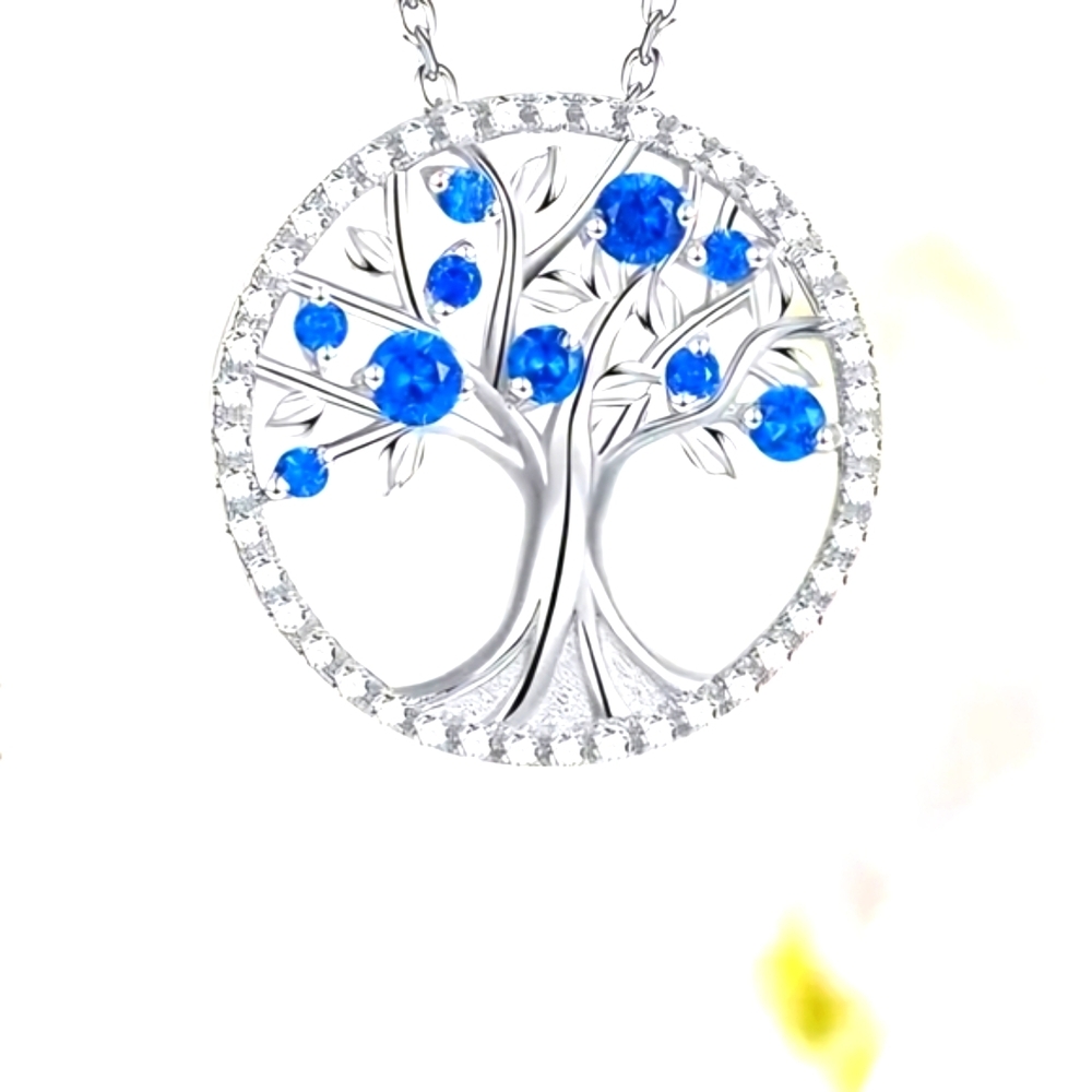925 SS Moisannite and Blue Sapphire Tree of Life Necklace.